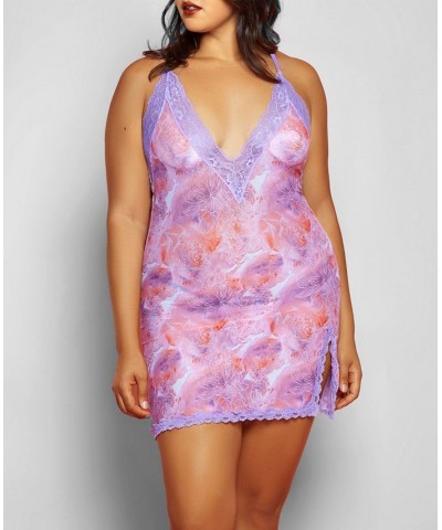 Selena Plus Size 2 Piece Lace V-Neck Floral Chemise Lingerie Set Purple $27.72 Sleepwear