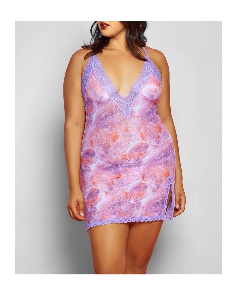 Selena Plus Size 2 Piece Lace V-Neck Floral Chemise Lingerie Set Purple $27.72 Sleepwear