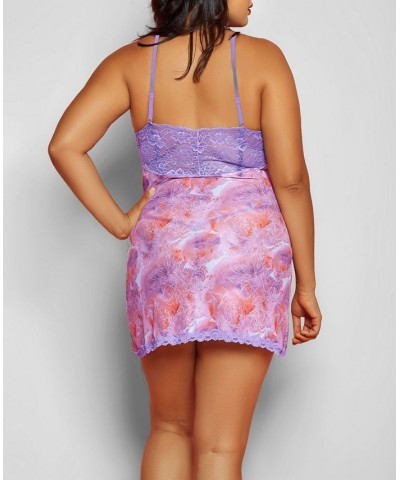 Selena Plus Size 2 Piece Lace V-Neck Floral Chemise Lingerie Set Purple $27.72 Sleepwear