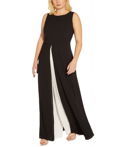 Plus Size Fancy Crepe Colorblocked Jumpsuit Black Ivory $75.62 Pants