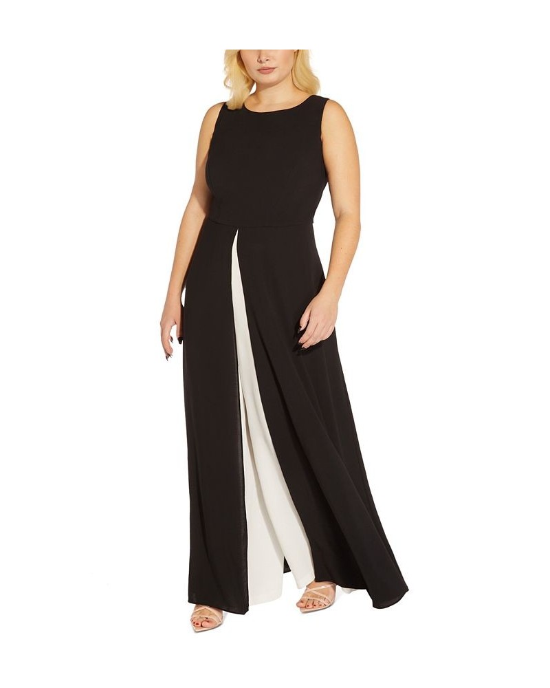 Plus Size Fancy Crepe Colorblocked Jumpsuit Black Ivory $75.62 Pants