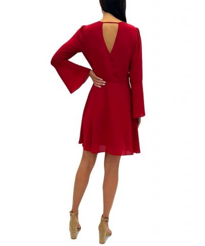 Women's V-Neck Bell-Sleeve Mini Dress Red $26.05 Dresses