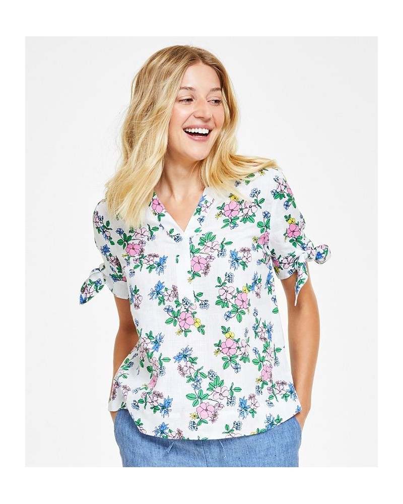 Petite Floral Tie-Cuff Linen Top White $18.29 Tops