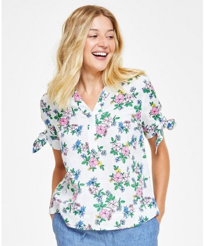 Petite Floral Tie-Cuff Linen Top White $18.29 Tops