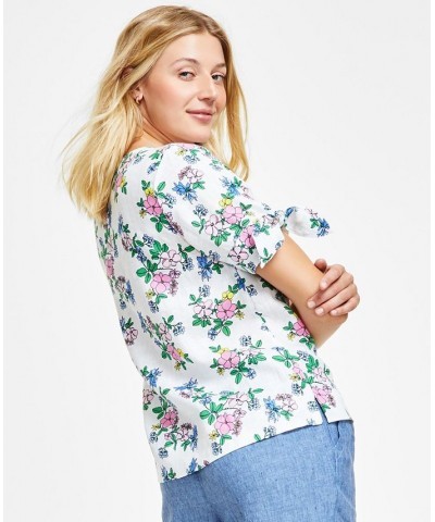 Petite Floral Tie-Cuff Linen Top White $18.29 Tops