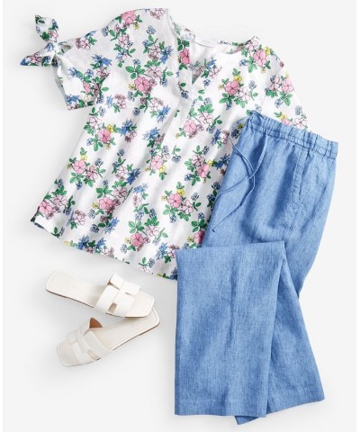 Petite Floral Tie-Cuff Linen Top White $18.29 Tops