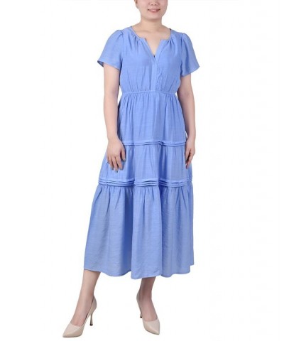 Petite Short Sleeve Tiered Midi Dress Blue $25.60 Dresses