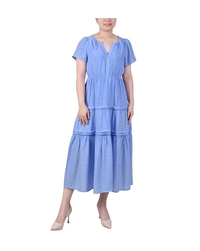 Petite Short Sleeve Tiered Midi Dress Blue $25.60 Dresses