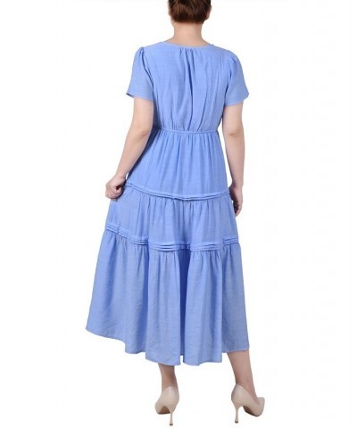 Petite Short Sleeve Tiered Midi Dress Blue $25.60 Dresses