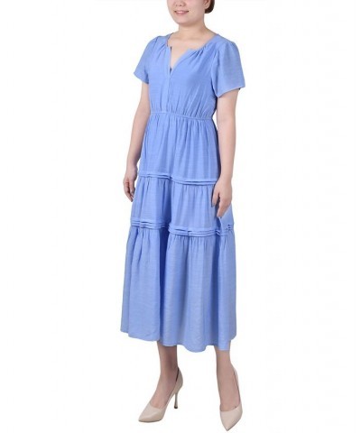 Petite Short Sleeve Tiered Midi Dress Blue $25.60 Dresses