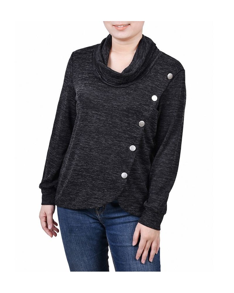 Women's Missy Long Sleeve Overlapping Cowl Neck Top Black Enzoz $14.85 Tops