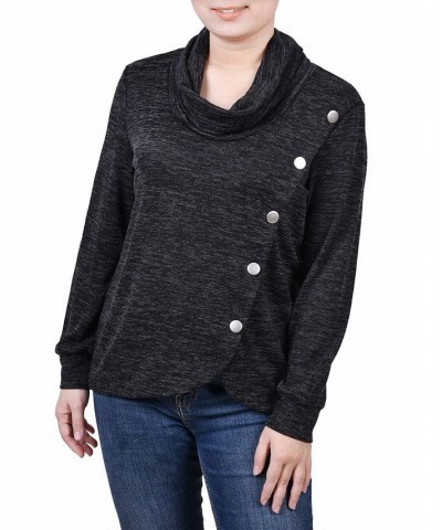 Women's Missy Long Sleeve Overlapping Cowl Neck Top Black Enzoz $14.85 Tops