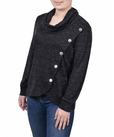 Women's Missy Long Sleeve Overlapping Cowl Neck Top Black Enzoz $14.85 Tops