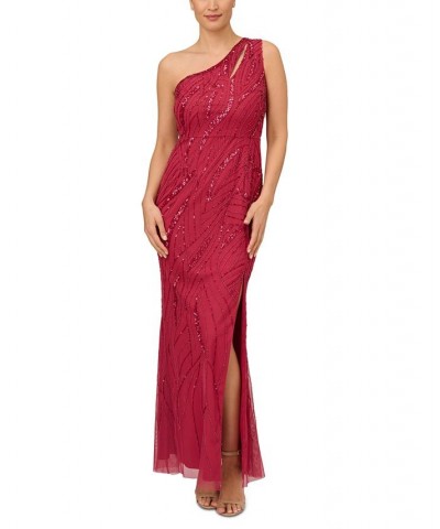 Women's Beaded One-Shoulder Gown Dusty Rouge $139.05 Dresses