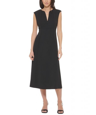 Women's Split-Neck A-Line Midi Dress Black $44.64 Dresses