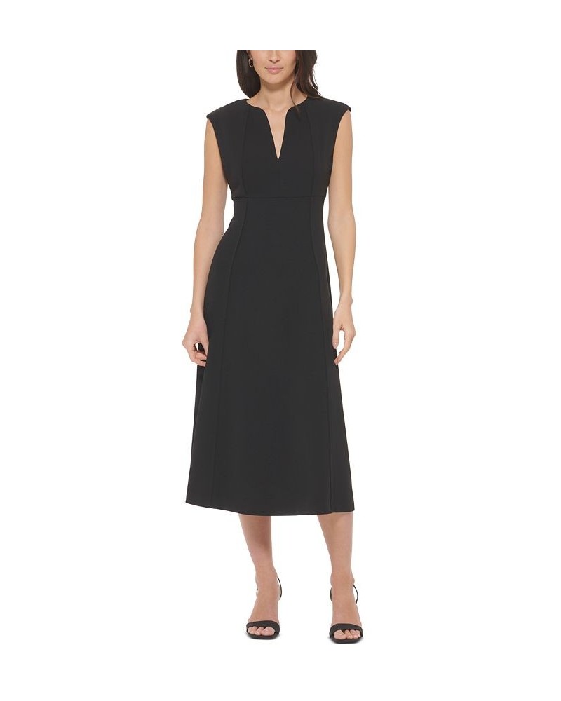 Women's Split-Neck A-Line Midi Dress Black $44.64 Dresses