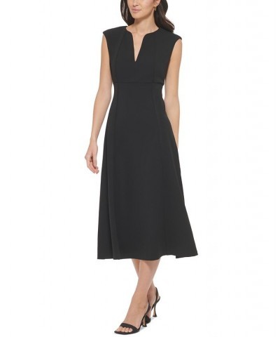 Women's Split-Neck A-Line Midi Dress Black $44.64 Dresses