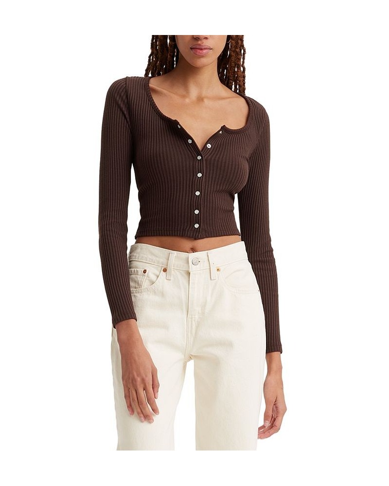 Women's Britt Long-Sleeve Snap-Front Top Brown $13.50 Tops