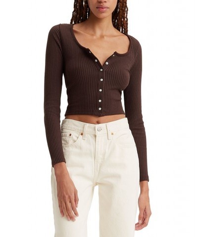 Women's Britt Long-Sleeve Snap-Front Top Brown $13.50 Tops