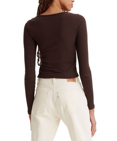 Women's Britt Long-Sleeve Snap-Front Top Brown $13.50 Tops