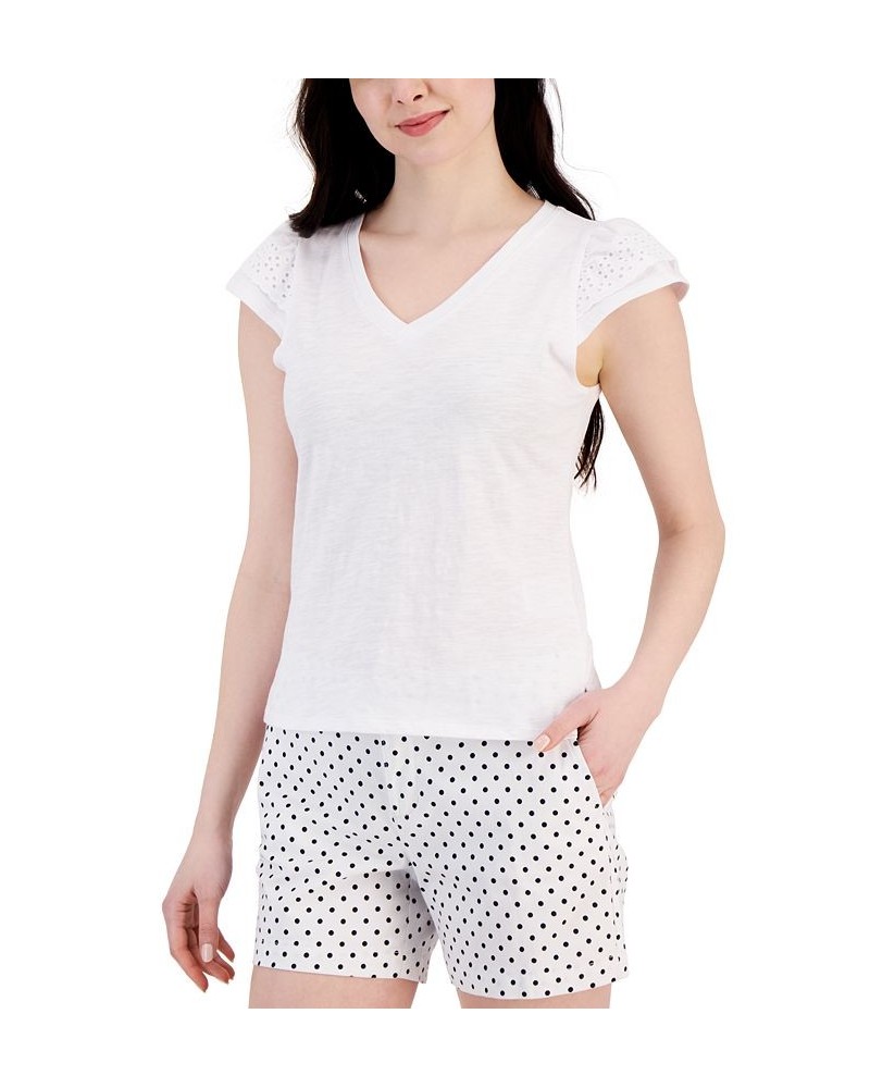 Women's Cotton Eyelet Cap-Sleeve Top White $17.03 Tops