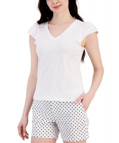 Women's Cotton Eyelet Cap-Sleeve Top White $17.03 Tops