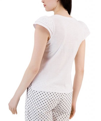 Women's Cotton Eyelet Cap-Sleeve Top White $17.03 Tops