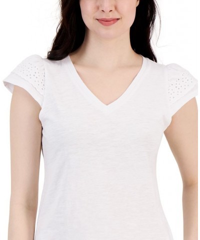 Women's Cotton Eyelet Cap-Sleeve Top White $17.03 Tops