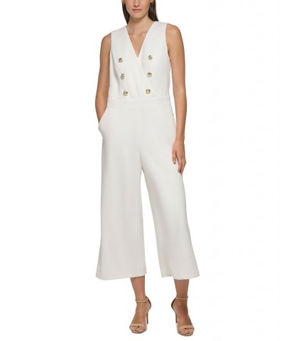Women's Button-Detail Cropped Jumpsuit Soft White $82.32 Pants