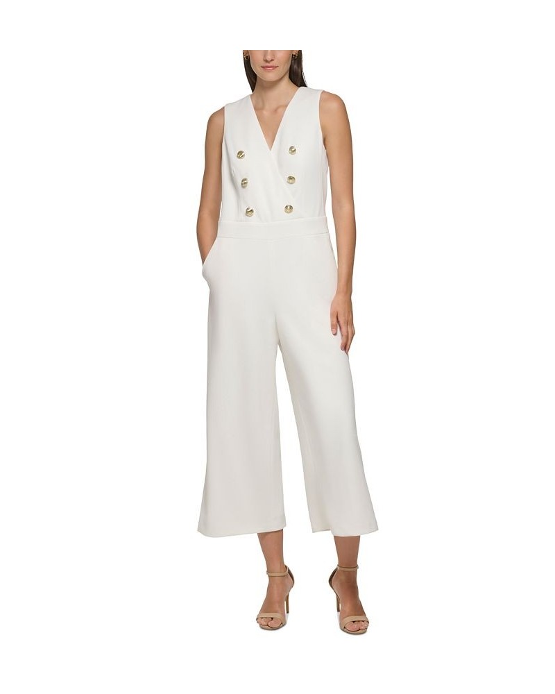 Women's Button-Detail Cropped Jumpsuit Soft White $82.32 Pants