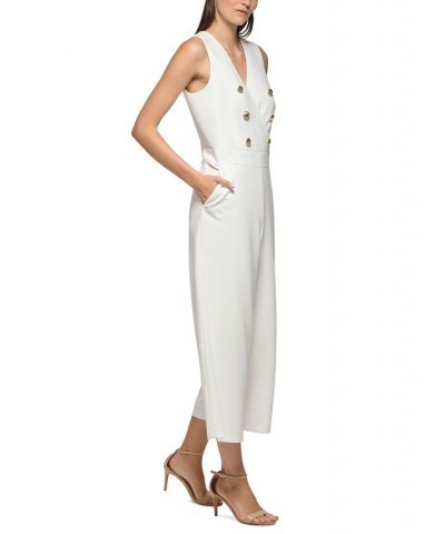 Women's Button-Detail Cropped Jumpsuit Soft White $82.32 Pants