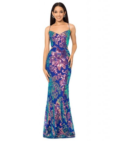 Juniors' Strappy-Back Sequined Evening Gown Royal/Multicolor $82.88 Dresses