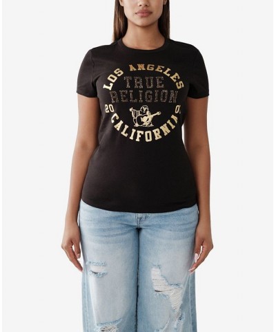 Women's Short Sleeve Crystal Slim Crew T-Shirt Black $25.42 Tops