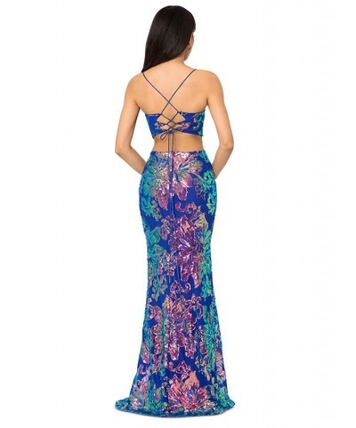 Juniors' Strappy-Back Sequined Evening Gown Royal/Multicolor $82.88 Dresses