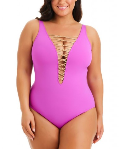 Plus Size Kore Lace-Up One-Piece Swimsuit Pink $48.65 Swimsuits