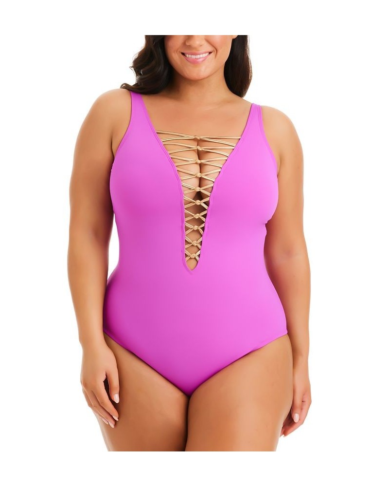 Plus Size Kore Lace-Up One-Piece Swimsuit Pink $48.65 Swimsuits