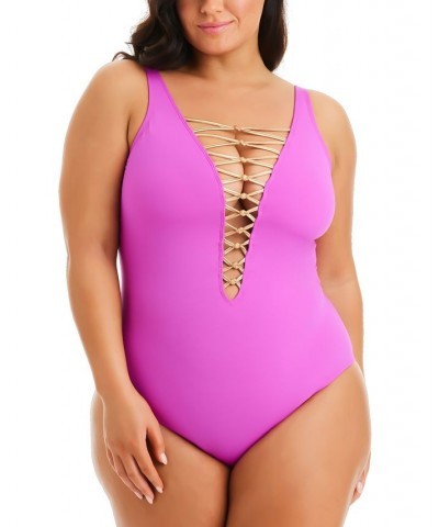 Plus Size Kore Lace-Up One-Piece Swimsuit Pink $48.65 Swimsuits