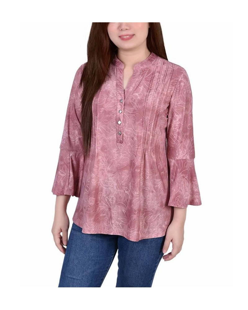 Petite 3/4 Bell Sleeve Printed Pleat Front Y-neck Top Mauve Tie Dye $13.55 Tops