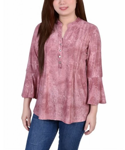 Petite 3/4 Bell Sleeve Printed Pleat Front Y-neck Top Mauve Tie Dye $13.55 Tops