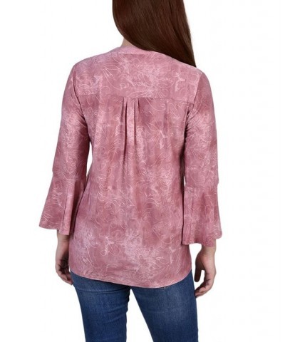 Petite 3/4 Bell Sleeve Printed Pleat Front Y-neck Top Mauve Tie Dye $13.55 Tops