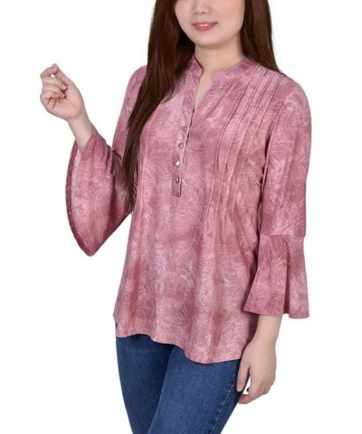 Petite 3/4 Bell Sleeve Printed Pleat Front Y-neck Top Mauve Tie Dye $13.55 Tops