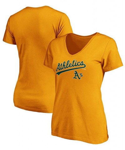 Women's Gold-Tone Oakland Athletics Team Logo Lockup V-Neck T-shirt Gold-Tone $19.60 Tops