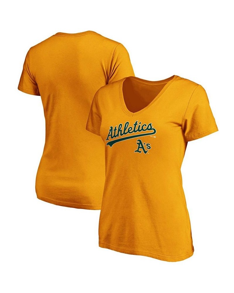 Women's Gold-Tone Oakland Athletics Team Logo Lockup V-Neck T-shirt Gold-Tone $19.60 Tops