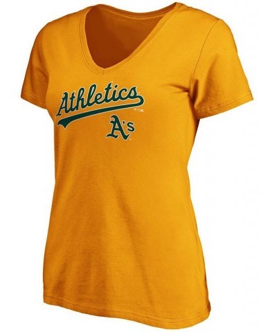 Women's Gold-Tone Oakland Athletics Team Logo Lockup V-Neck T-shirt Gold-Tone $19.60 Tops