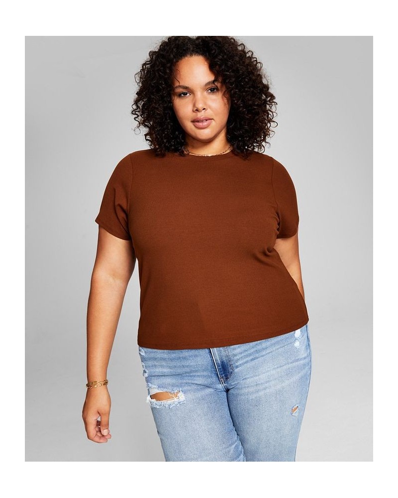 Trendy Plus Size Ribbed T-Shirt Brown $11.27 Tops