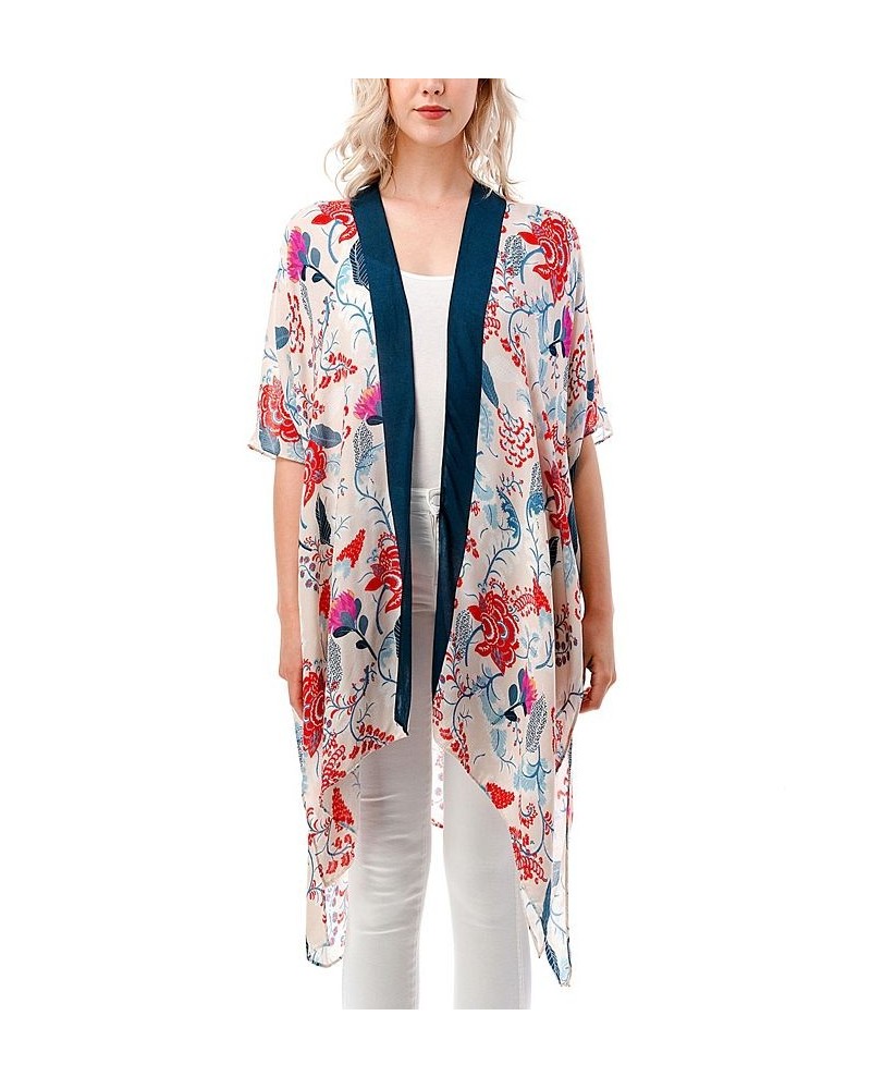 Women's Lightweight Tossed Floral Kimono Wrap Blue $23.98 Tops