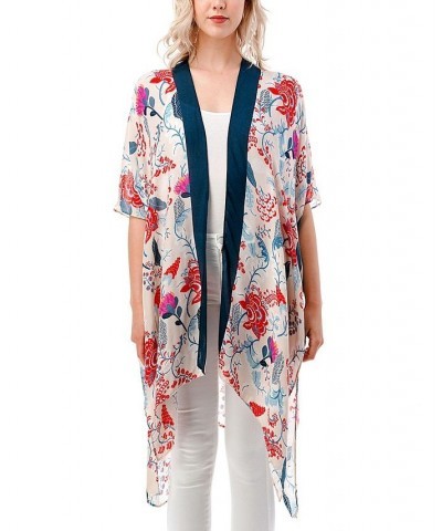 Women's Lightweight Tossed Floral Kimono Wrap Blue $23.98 Tops