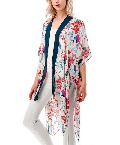 Women's Lightweight Tossed Floral Kimono Wrap Blue $23.98 Tops