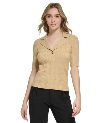 Women's X-Fit Collared Rib-Knit Sweater Tan/Beige $34.76 Tops