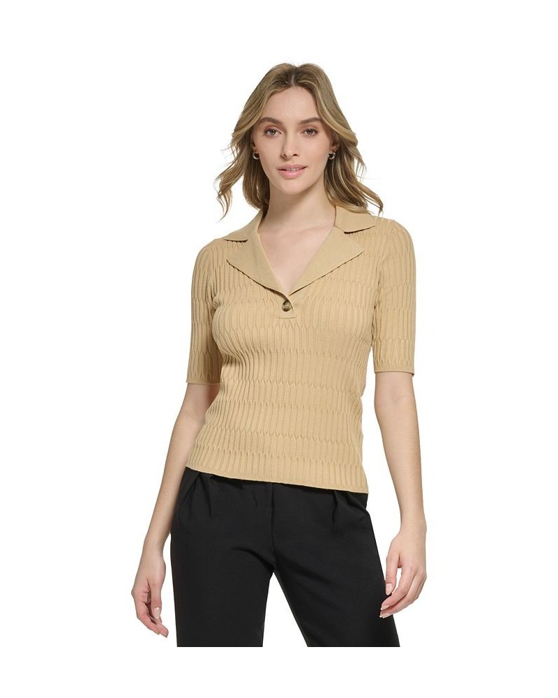 Women's X-Fit Collared Rib-Knit Sweater Tan/Beige $34.76 Tops